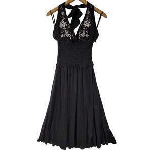 My Michelle Vintage Black Floral Embroidered Smocked Halter Midi Dress Sz Medium